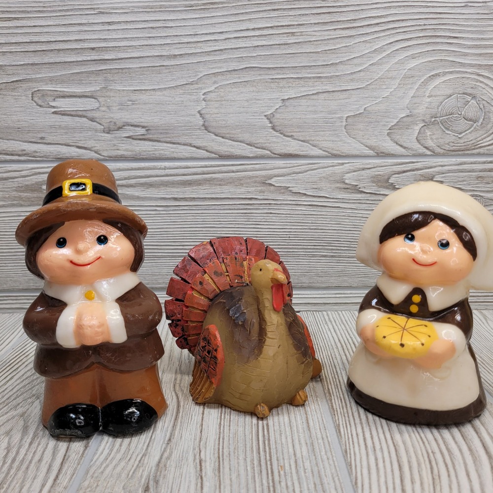3 Thanksgiving Candle Figurines Pilgrim Boy Girl Turkey Fall‎ Holiday Decor Vtg